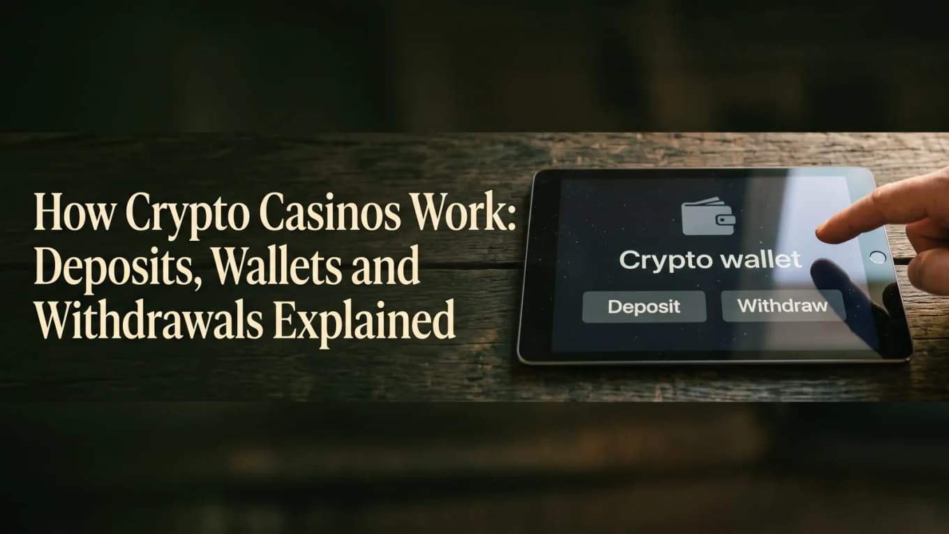 Crypto wallet concept on a tablet with Deposit and Withdraw controls beside the crypto casino guide title.
